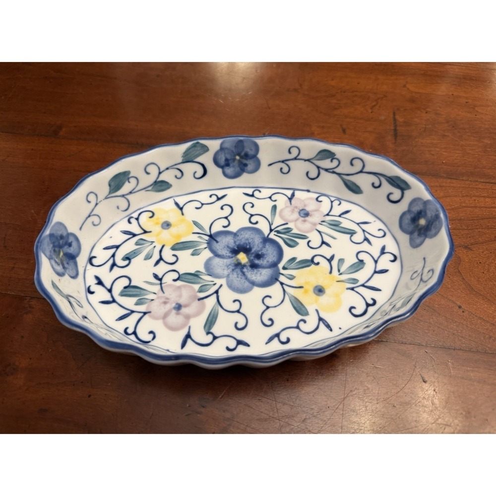 Vintage Hand Painted Stoneware Oval Floral Fluted Dish Blue Yellow Pansy